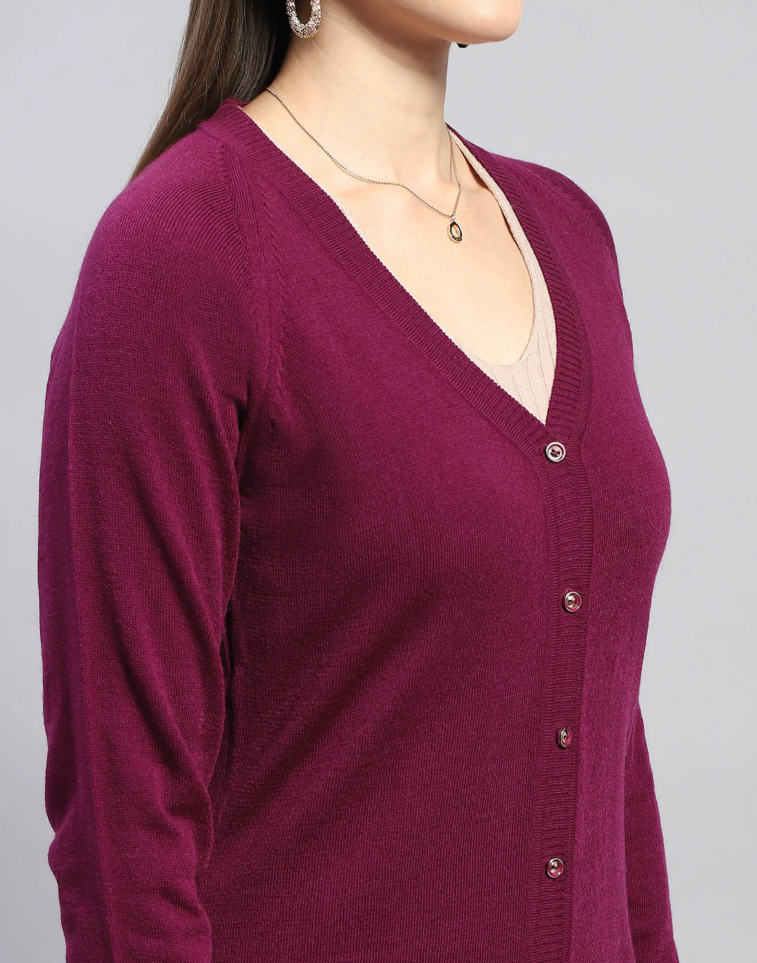 Women Purple Solid V Neck Full Sleeve Cardigan - Image 7