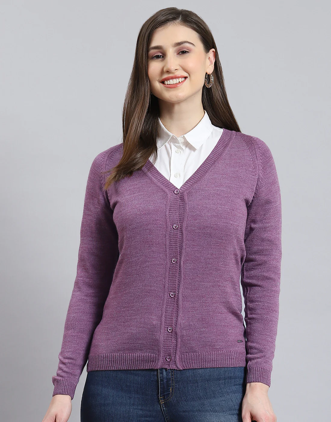 Women Purple Solid V Neck Full Sleeve Cardigan - Image 2