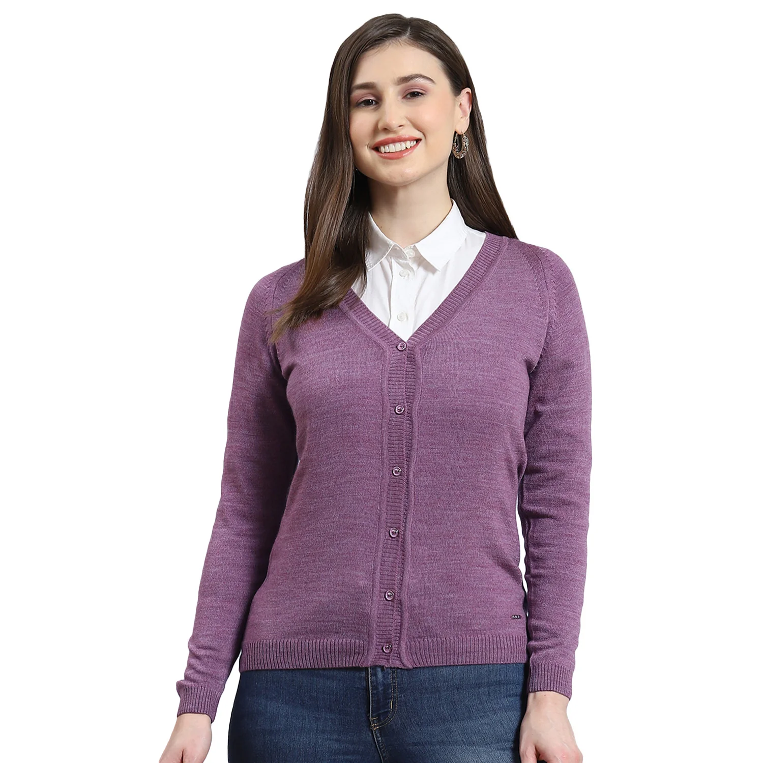Women Purple Solid V Neck Full Sleeve Cardigan - Image 5