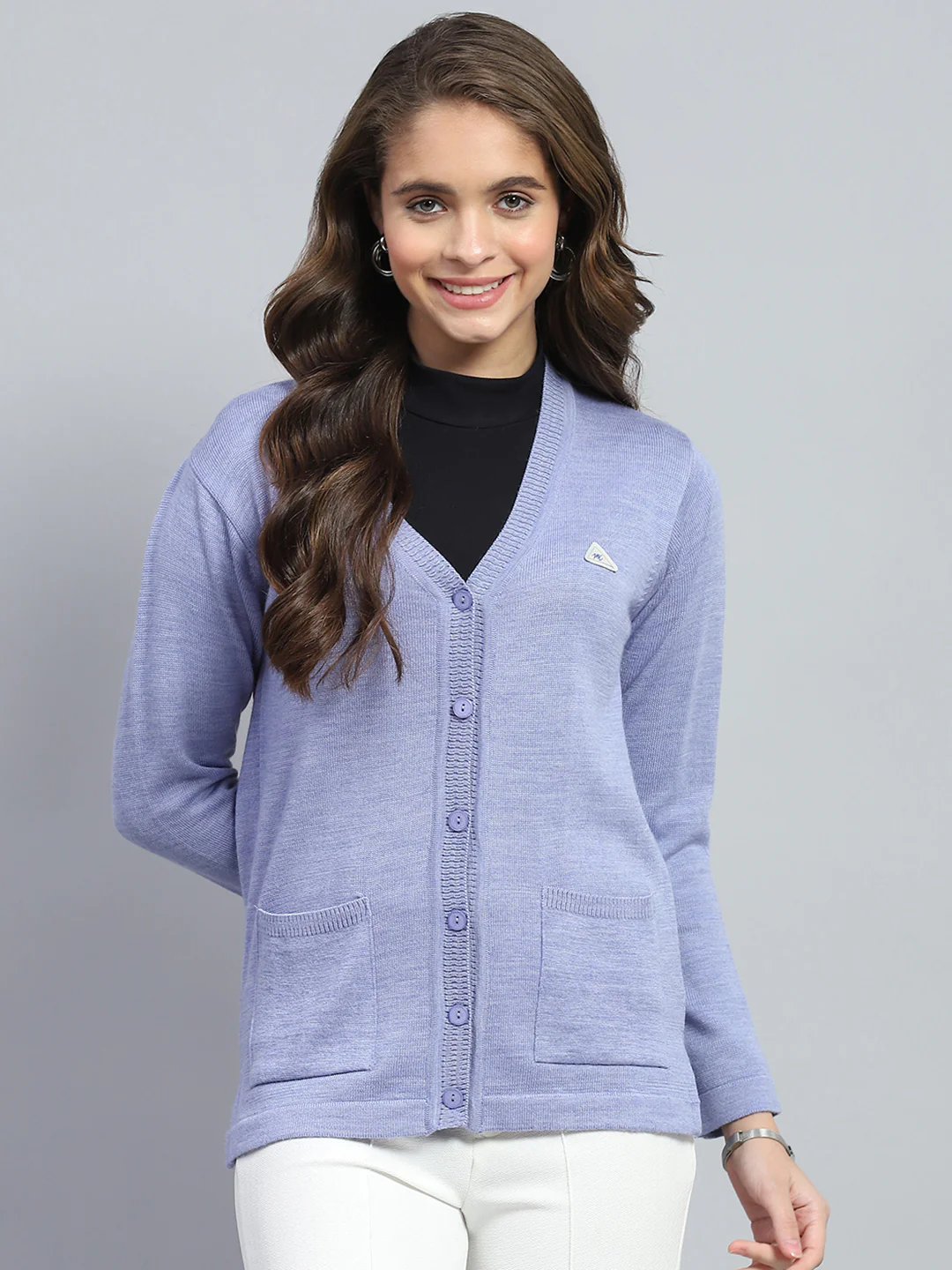 Women Purple Solid V Neck Full Sleeve Cardigan - Image 2