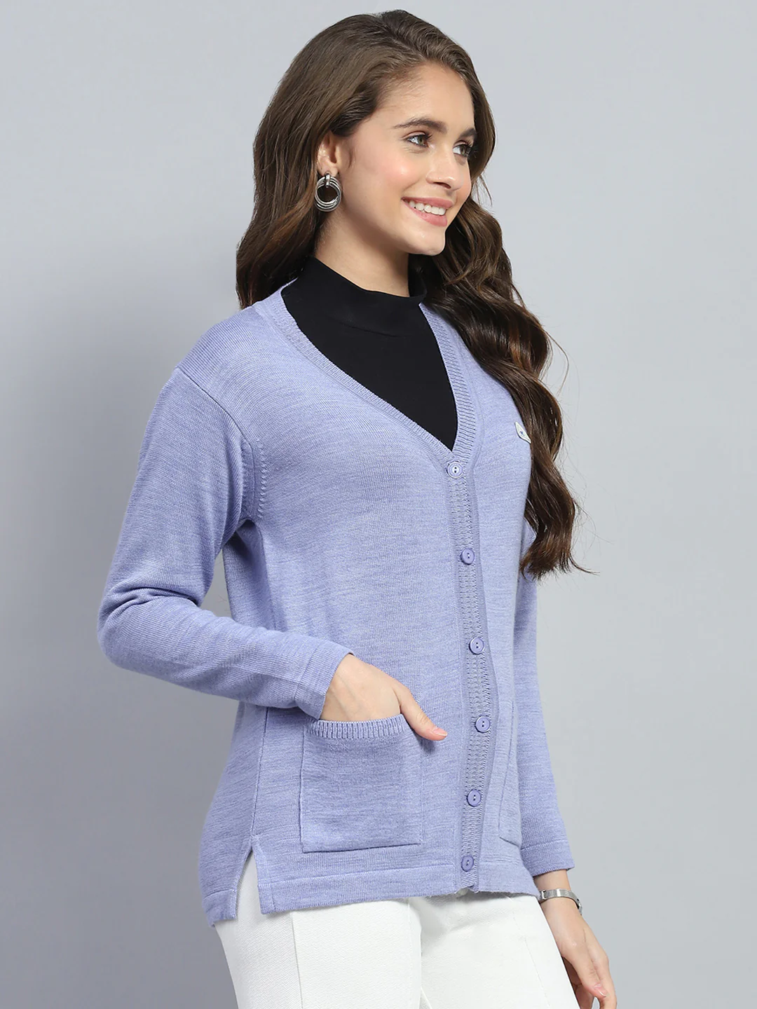Women Purple Solid V Neck Full Sleeve Cardigan - Image 4