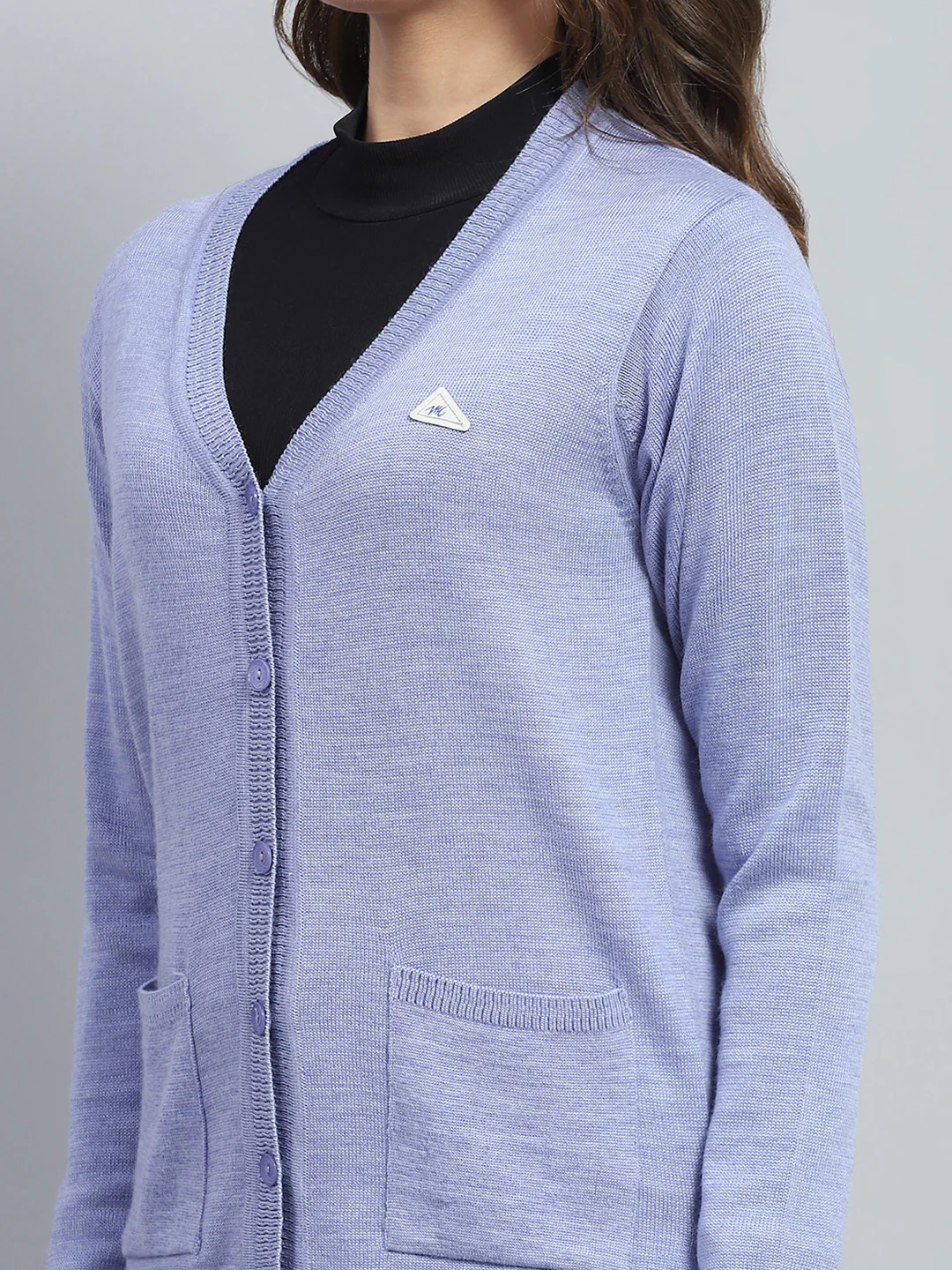 Women Purple Solid V Neck Full Sleeve Cardigan - Image 7