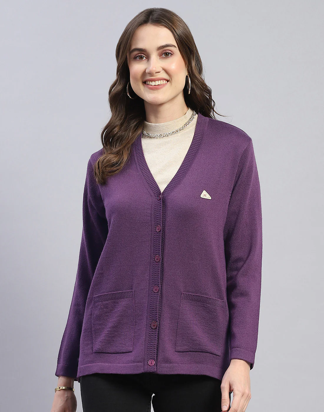 Women Purple Solid V Neck Full Sleeve Cardigan - Image 2