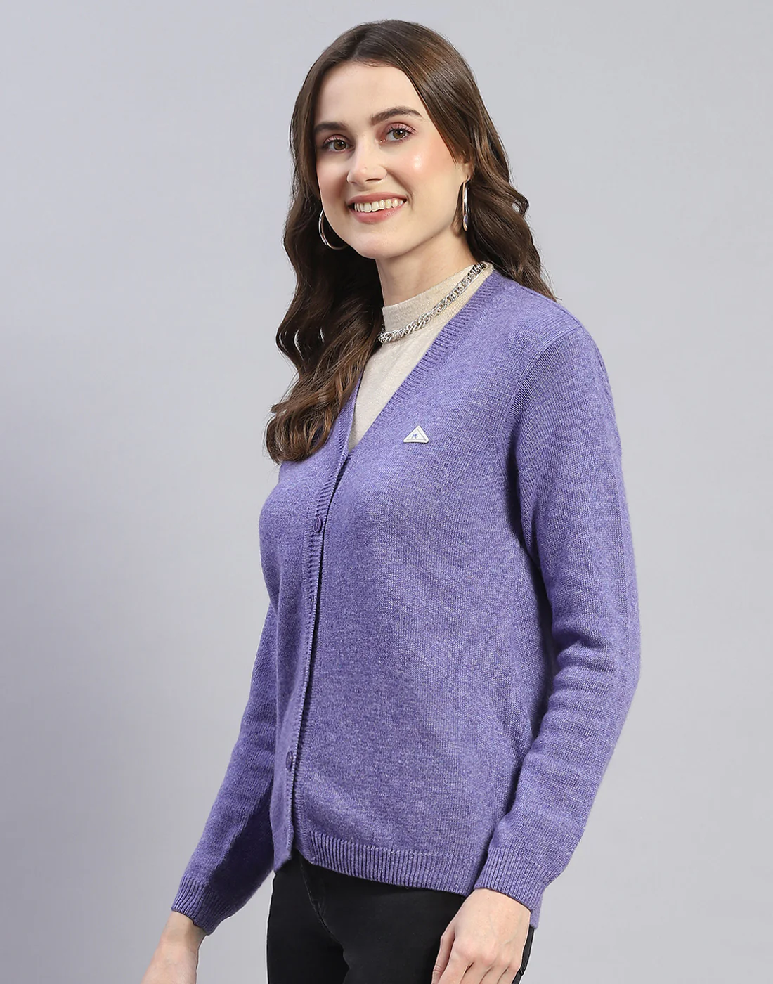 Women Purple Solid V Neck Full Sleeve Cardigan - Image 3