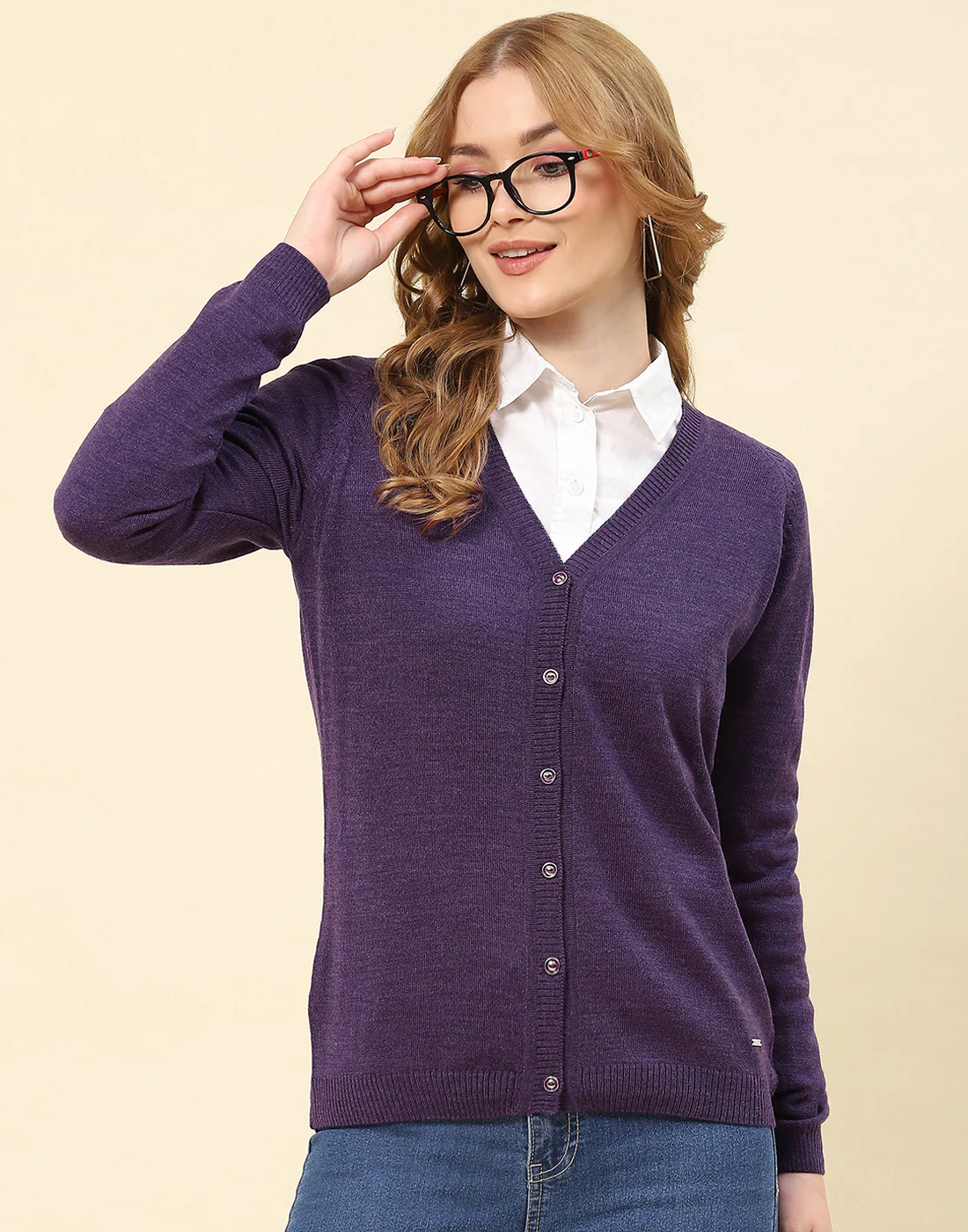 Women Purple Solid V Neck Full Sleeve Cardigan - Image 2