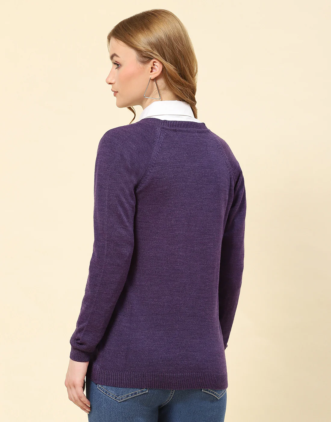 Women Purple Solid V Neck Full Sleeve Cardigan - Image 5