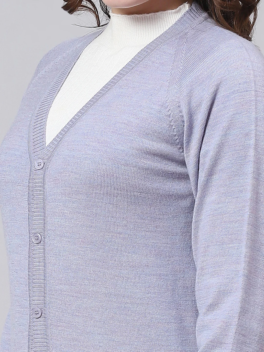 Women Purple Solid V Neck Full Sleeve Cardigan - Image 6