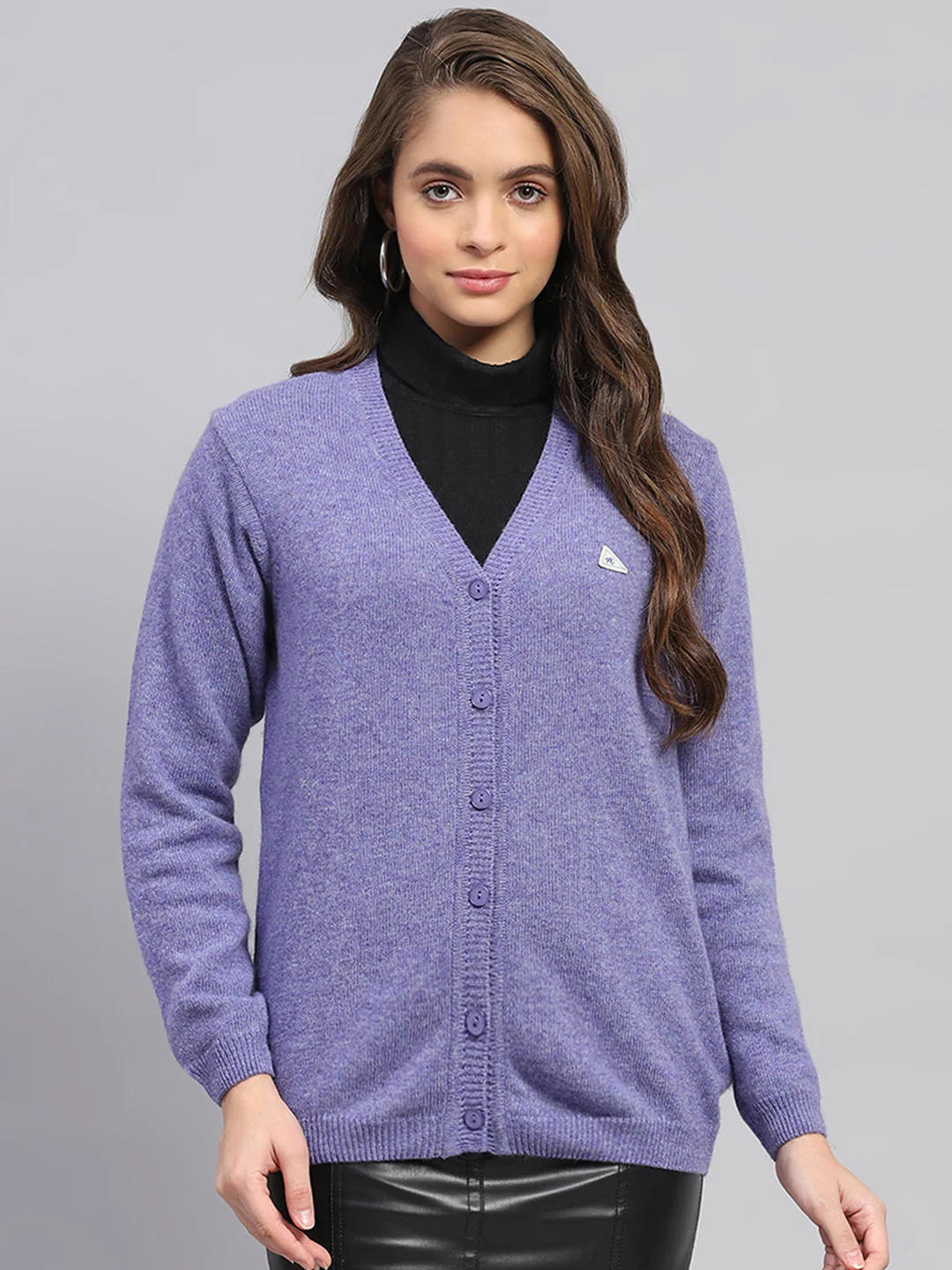 Women Purple Solid V Neck Full Sleeve Cardigan