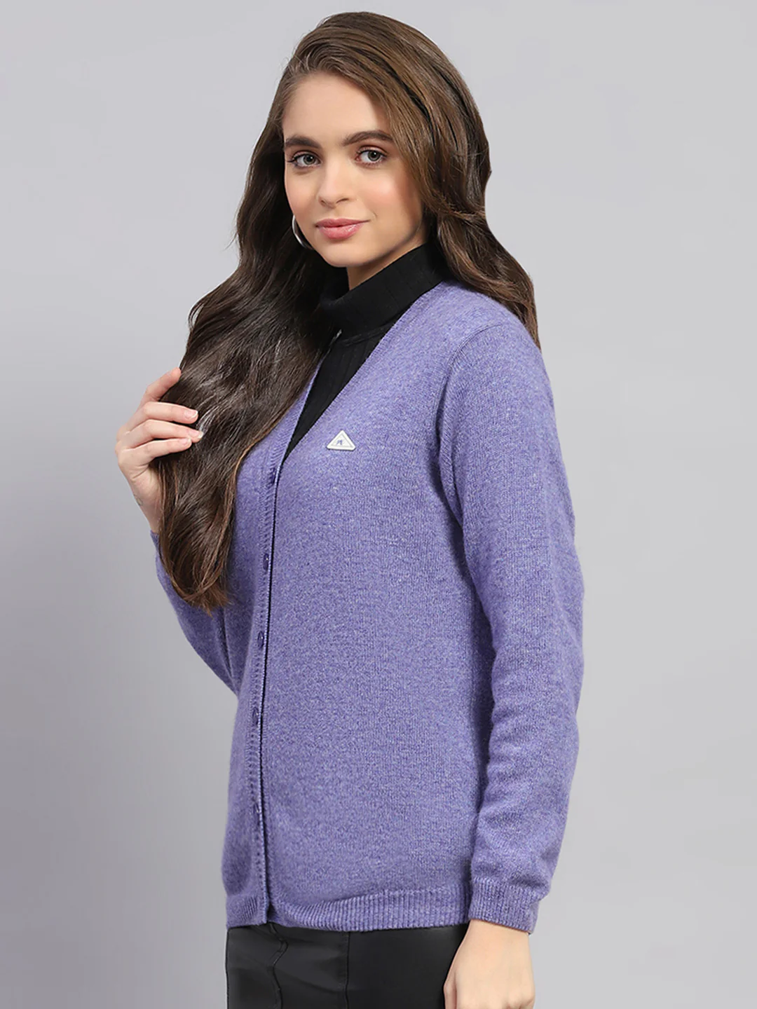 Women Purple Solid V Neck Full Sleeve Cardigan - Image 2