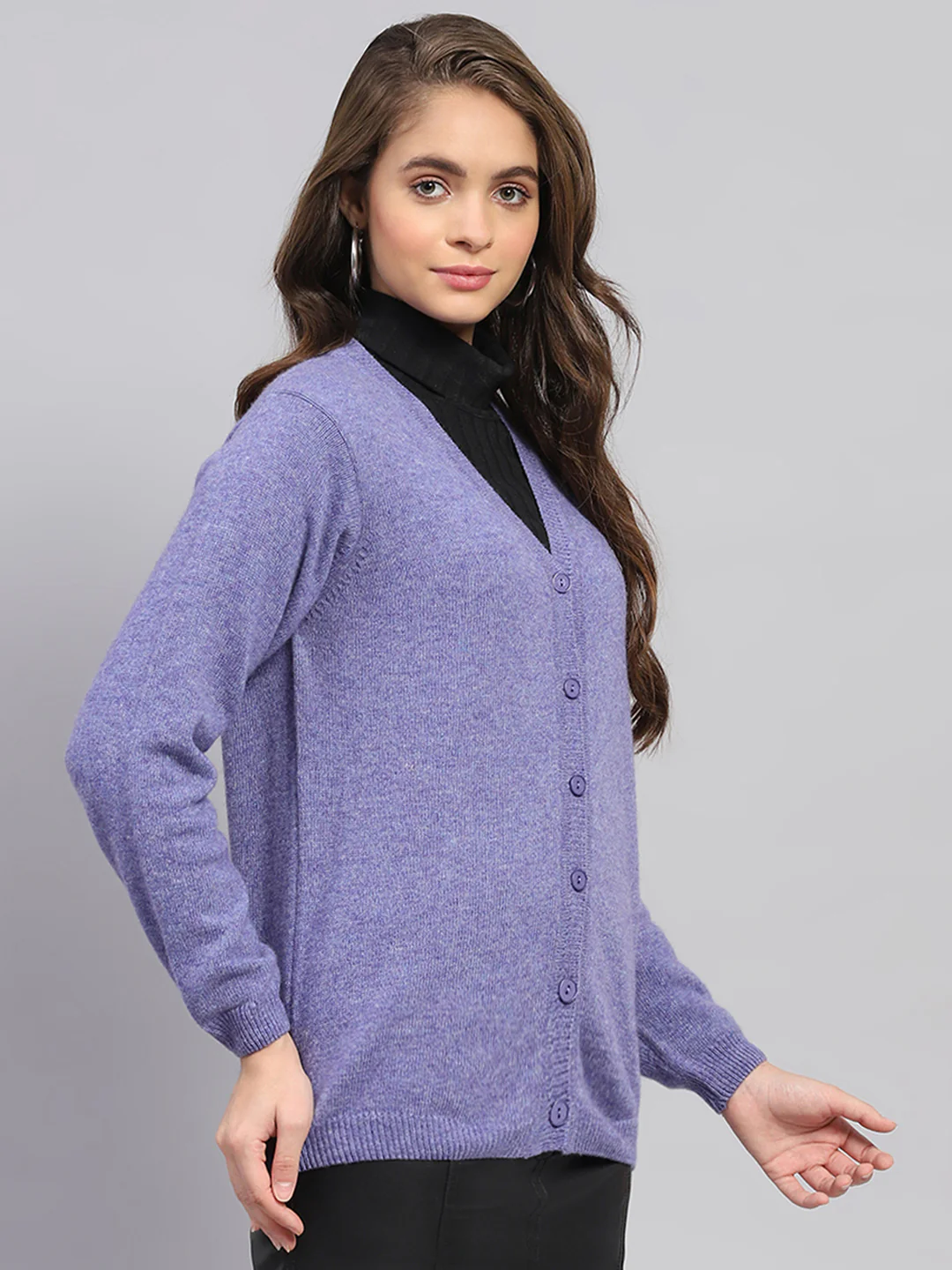 Women Purple Solid V Neck Full Sleeve Cardigan - Image 3