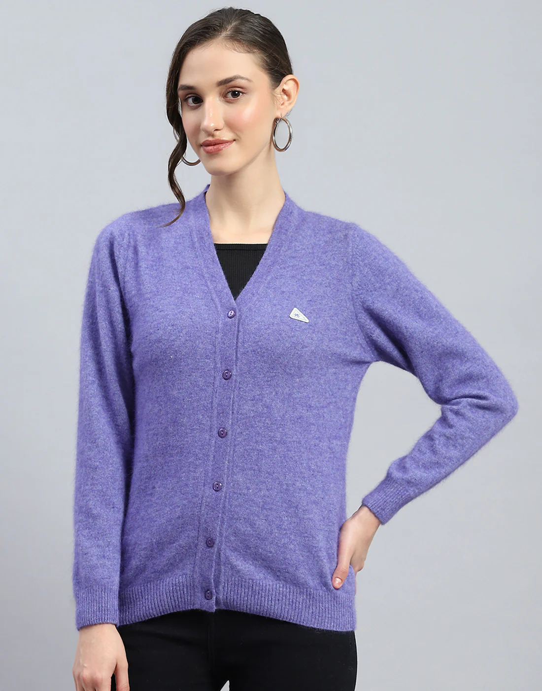 Women Purple Solid V Neck Full Sleeve Cardigan - Image 2