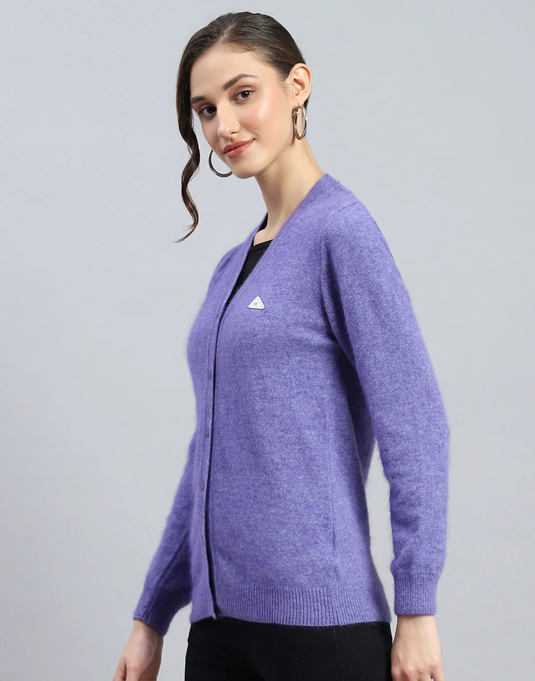 Women Purple Solid V Neck Full Sleeve Cardigan - Image 3
