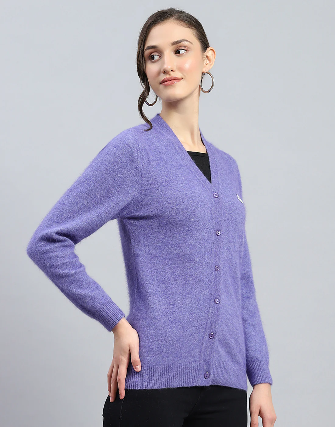 Women Purple Solid V Neck Full Sleeve Cardigan - Image 4