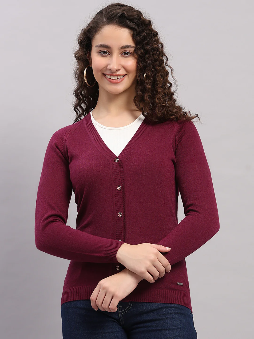 Women Purple Solid V Neck Full Sleeve Cardigan