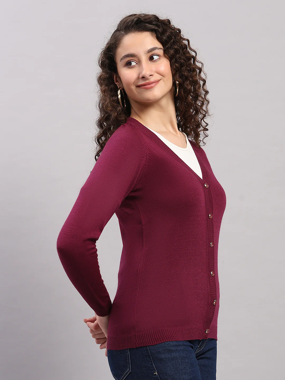 Women Purple Solid V Neck Full Sleeve Cardigan - Image 4