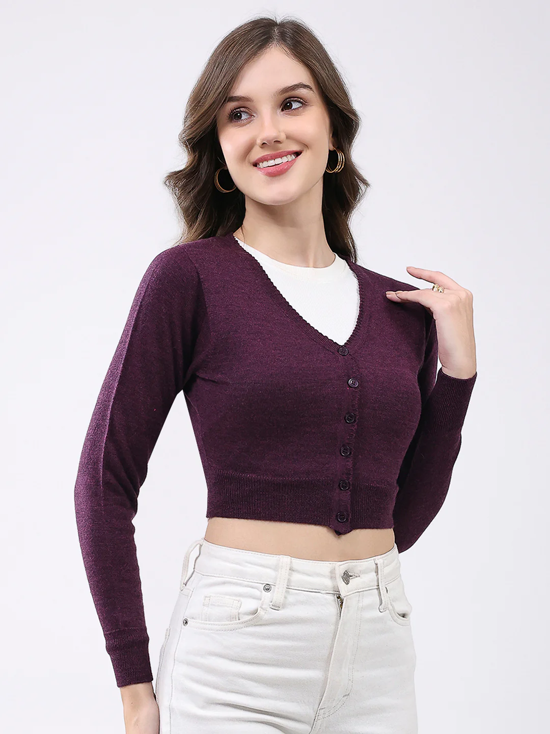 Women Purple Solid V Neck Full Sleeve Cardigan - Image 4