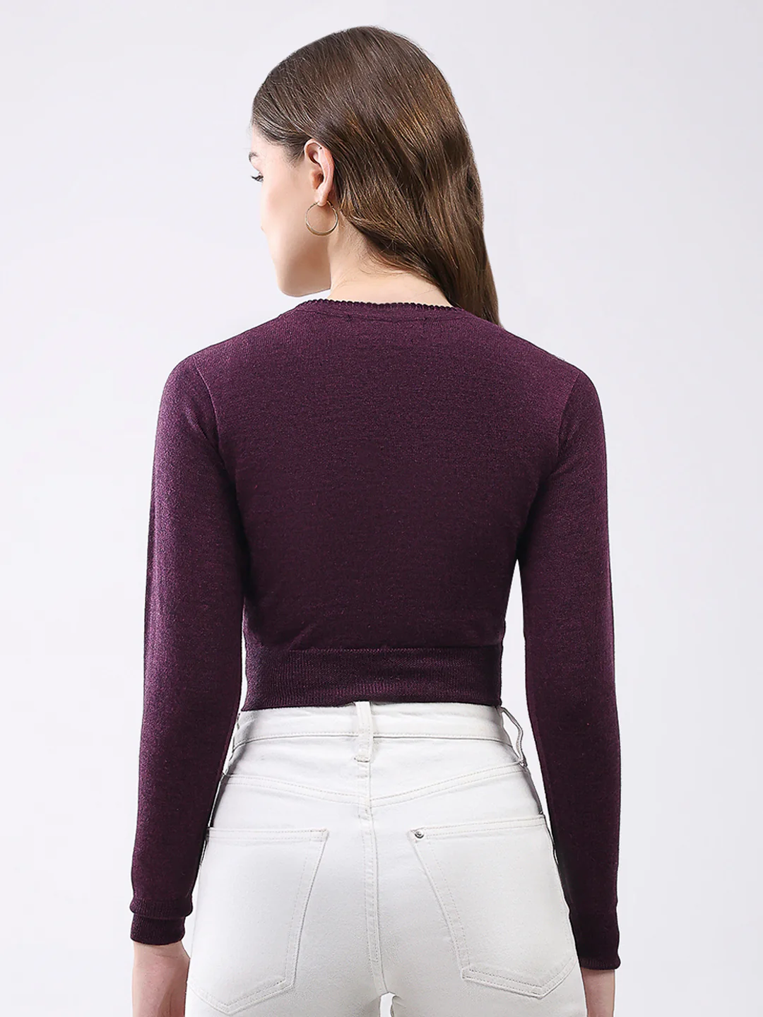 Women Purple Solid V Neck Full Sleeve Cardigan - Image 5