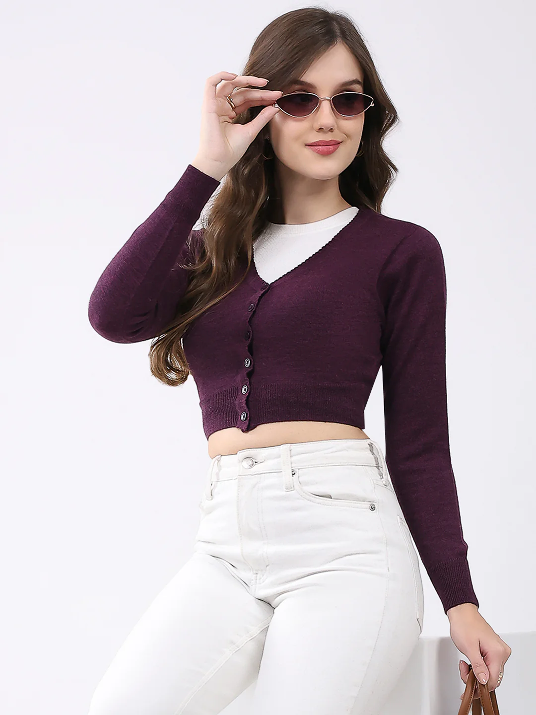 Women Purple Solid V Neck Full Sleeve Cardigan - Image 6
