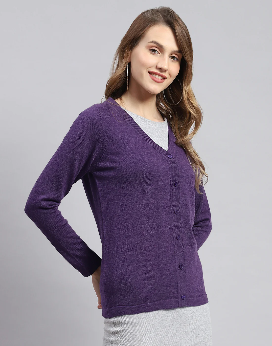 Women Purple Solid V Neck Full Sleeve Cardigans - Image 4