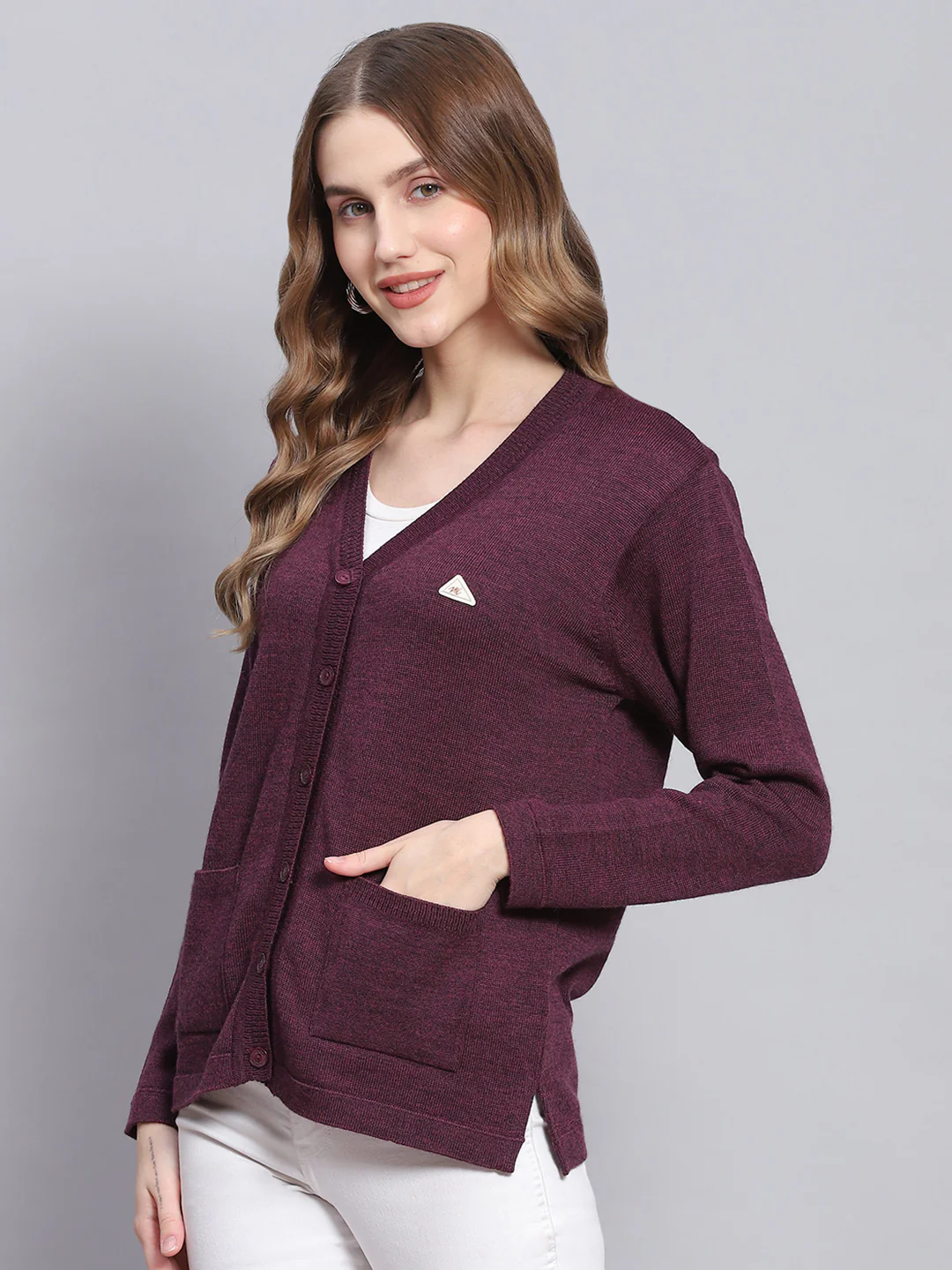 Women Purple Solid V Neck Full Sleeve Cardigans - Image 3