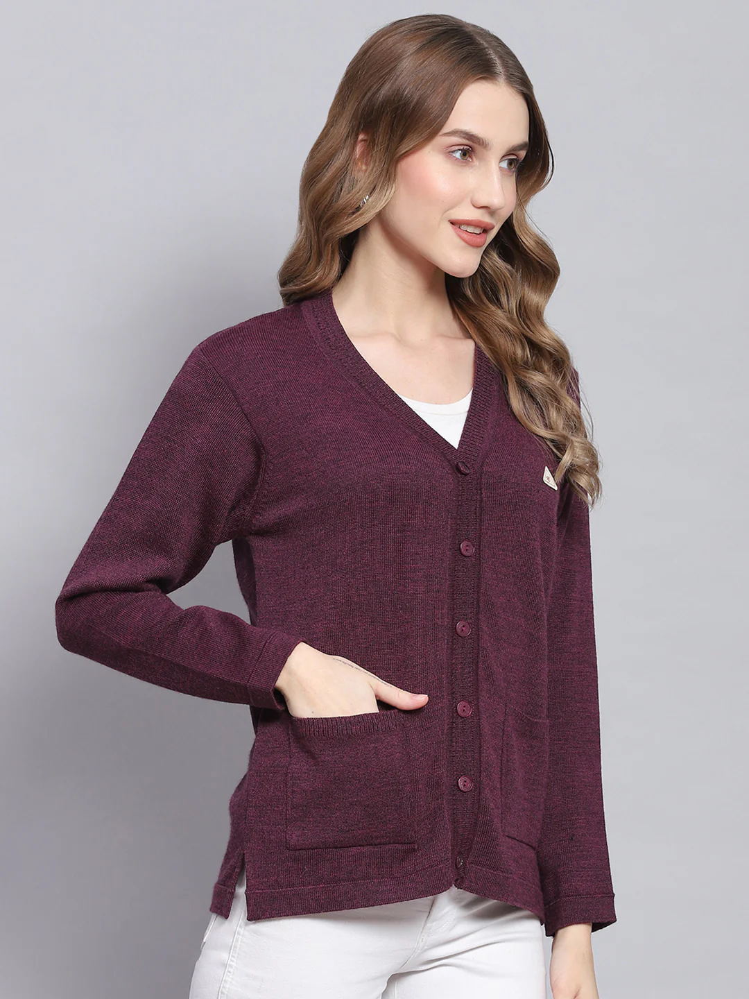 Women Purple Solid V Neck Full Sleeve Cardigans - Image 4