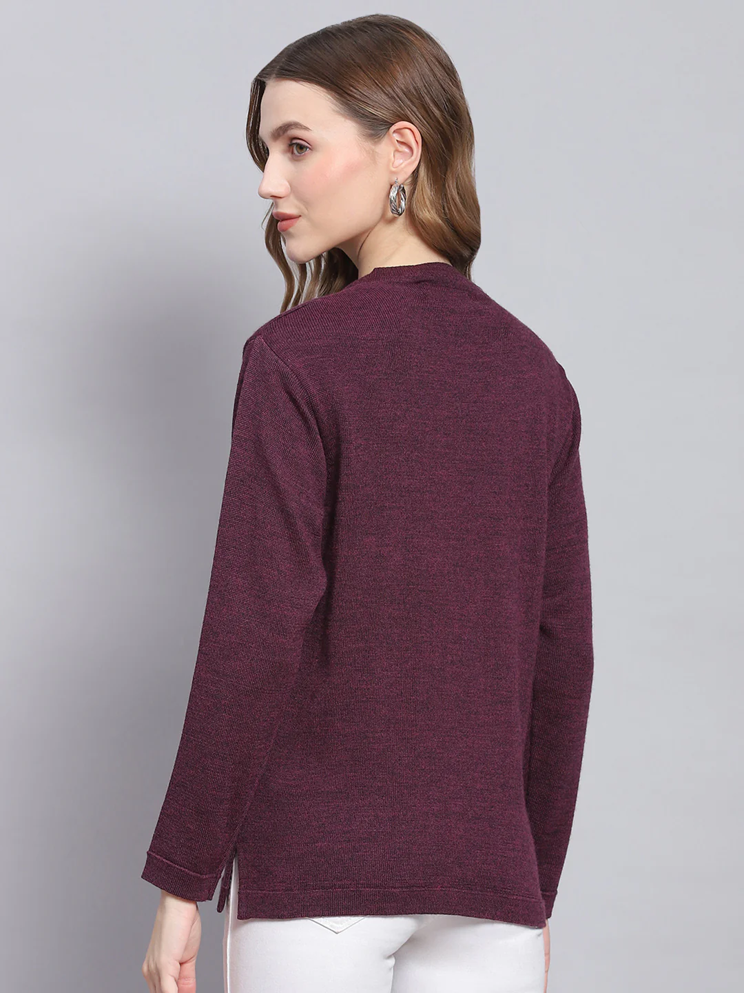 Women Purple Solid V Neck Full Sleeve Cardigans - Image 5