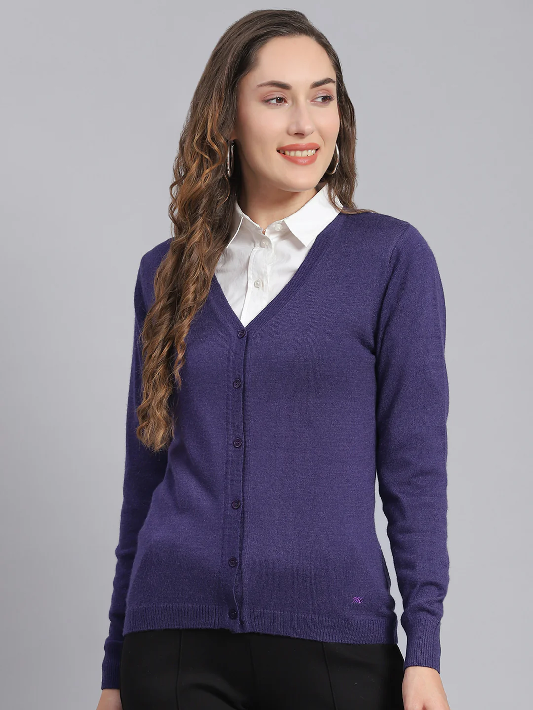Women Purple Solid V Neck Full Sleeve Cardigans - Image 2
