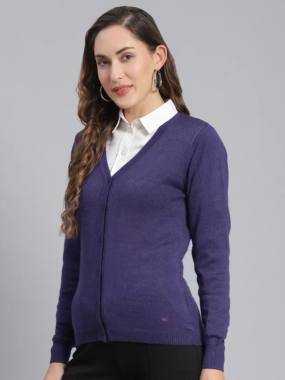 Women Purple Solid V Neck Full Sleeve Cardigans - Image 3