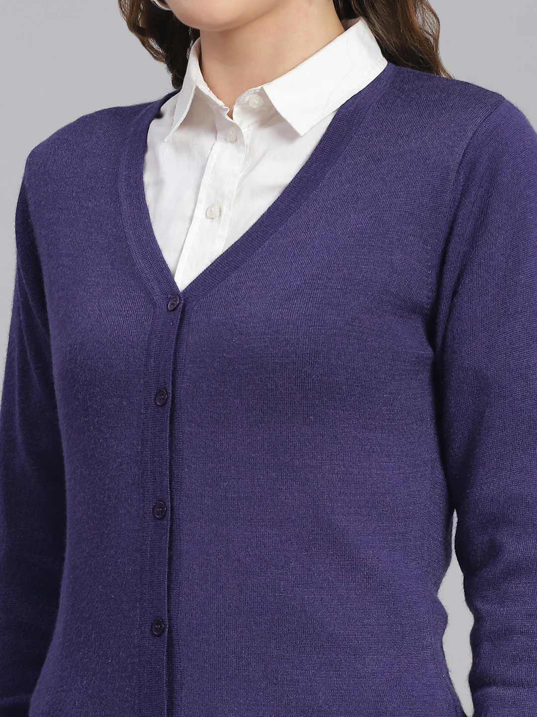 Women Purple Solid V Neck Full Sleeve Cardigans - Image 6
