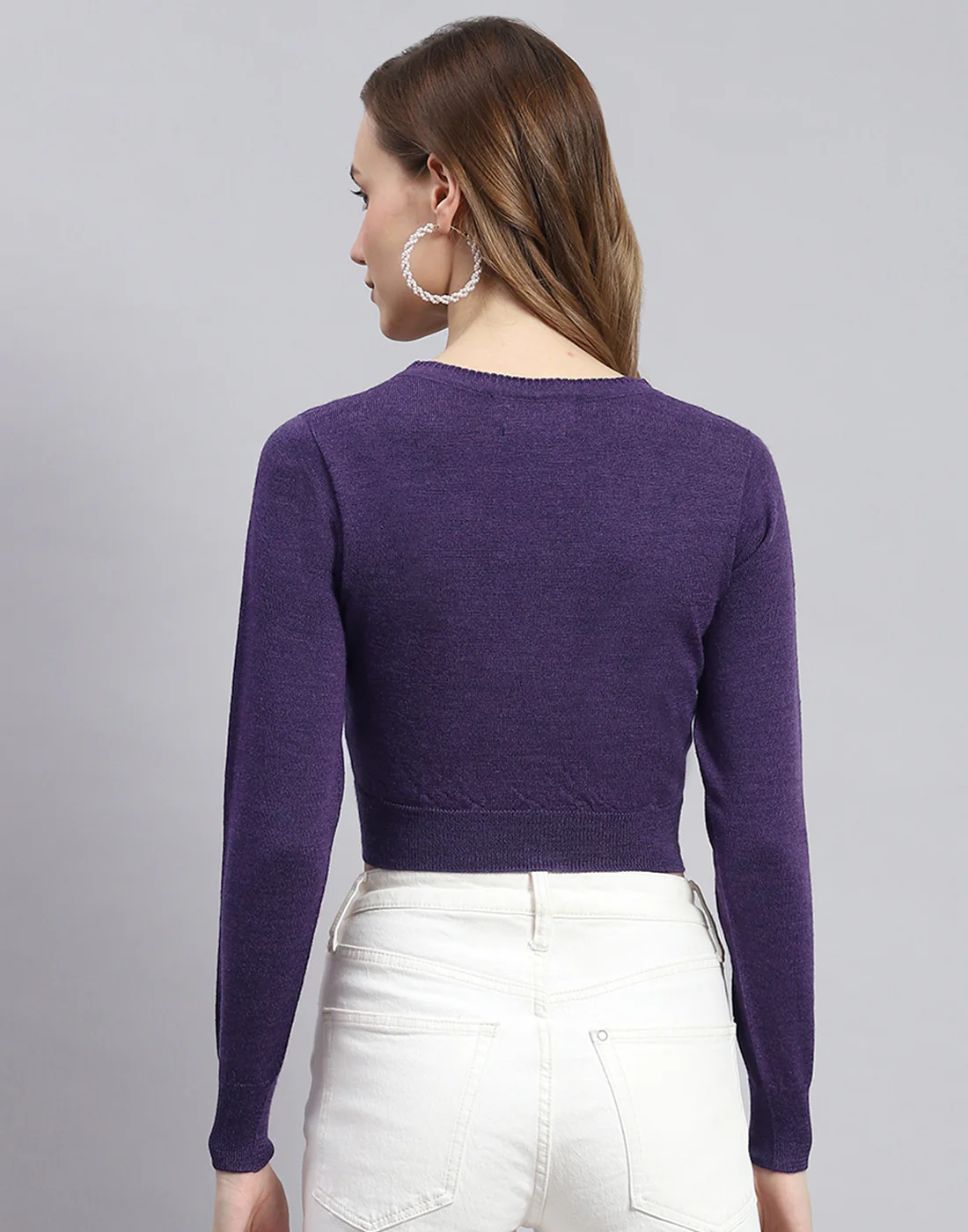 Women Purple Solid V Neck Full Sleeve Sweater - Image 4