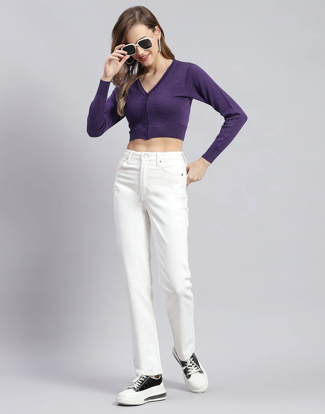 Women Purple Solid V Neck Full Sleeve Sweater - Image 5