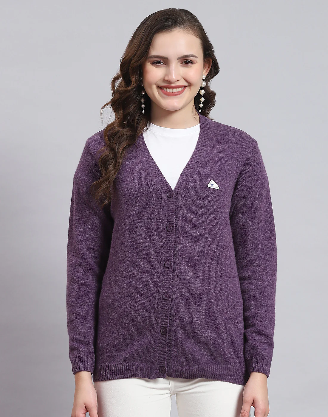 Women Purple Solid V Neck Full Sleeve Sweater - Image 3