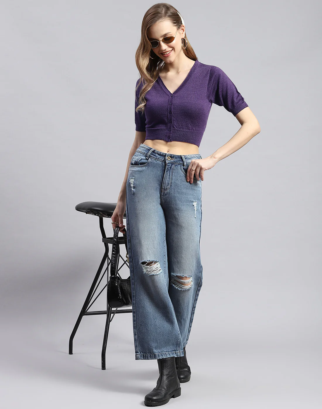 Women Purple Solid V Neck Half Sleeve Sweater - Image 2