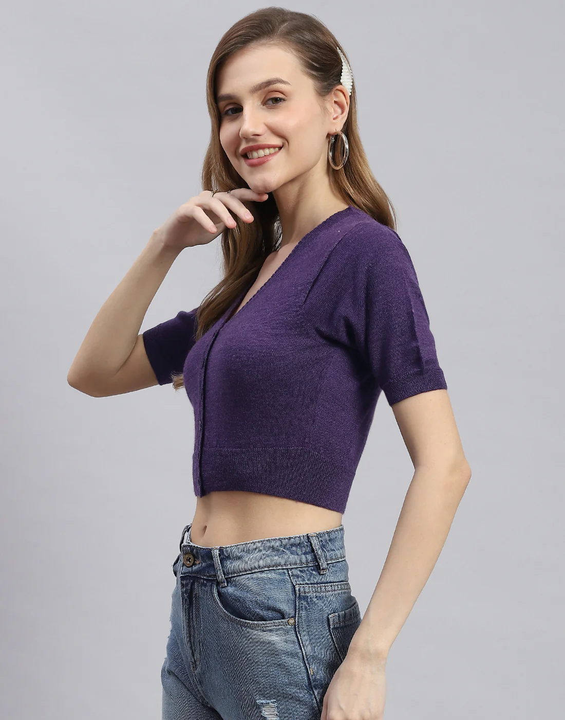 Women Purple Solid V Neck Half Sleeve Sweater - Image 3