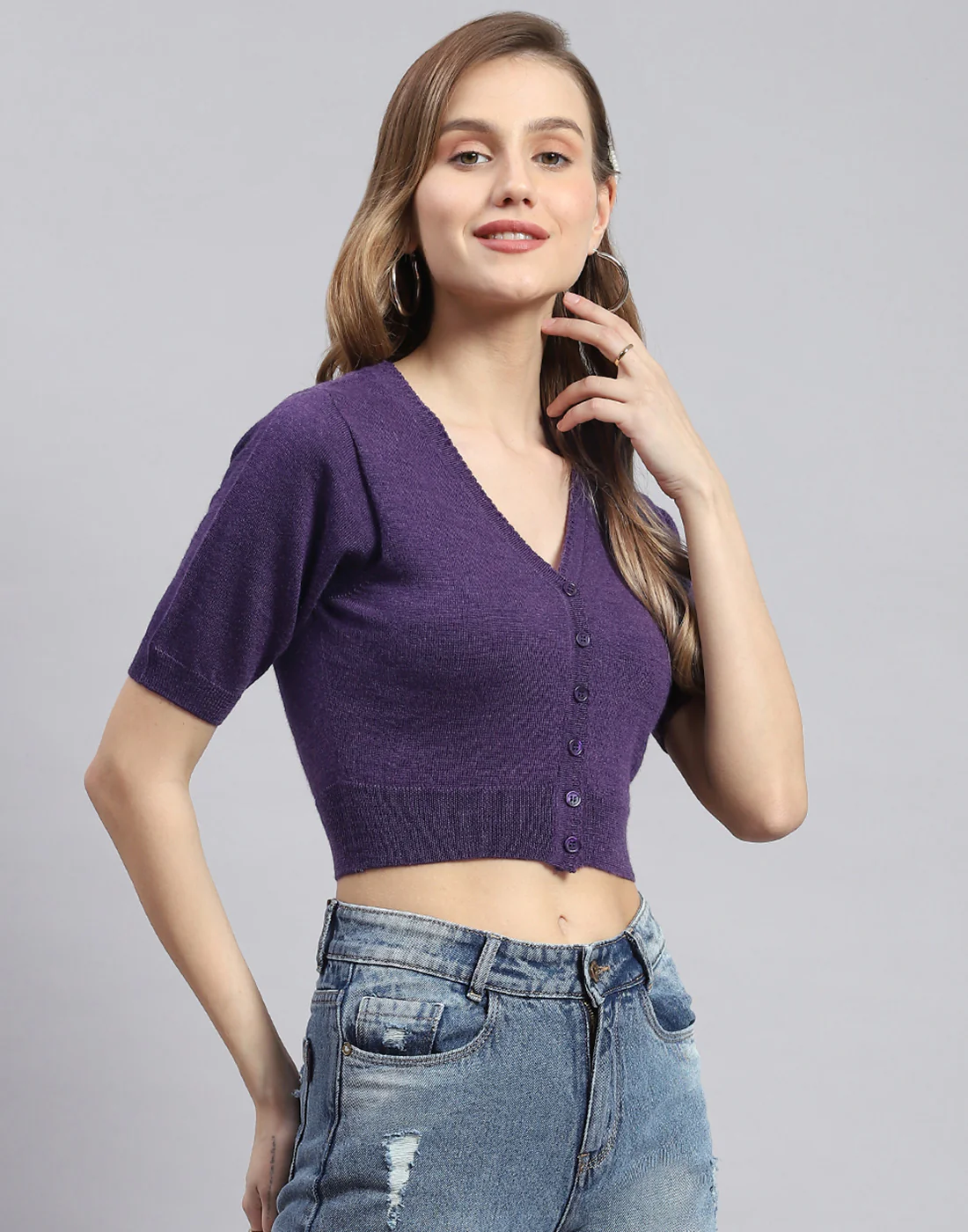 Women Purple Solid V Neck Half Sleeve Sweater - Image 4