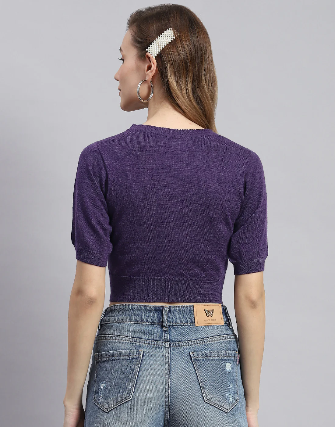 Women Purple Solid V Neck Half Sleeve Sweater - Image 5