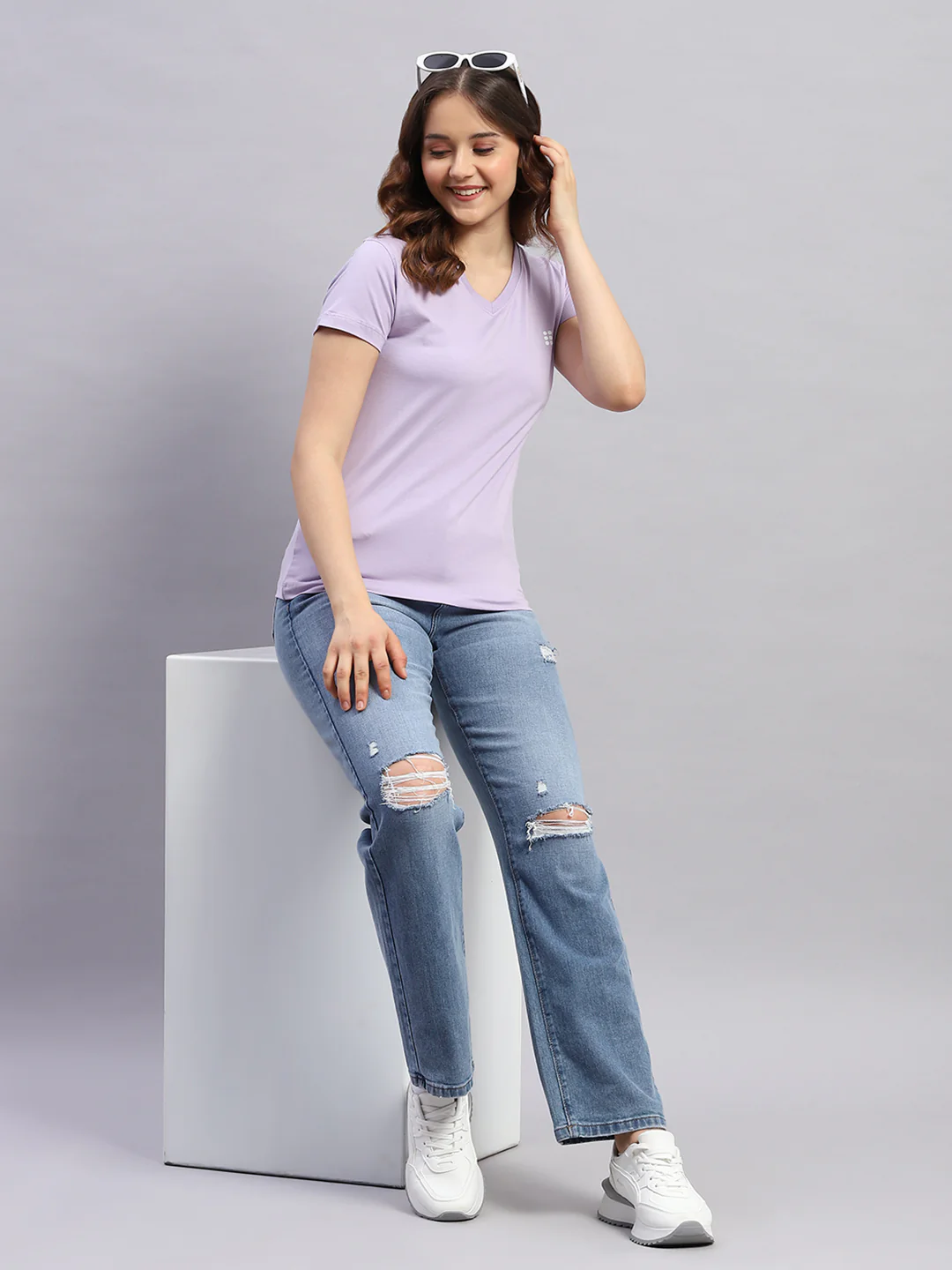 Rock.it Women Purple Solid V Neck Half Sleeve Top - Image 2