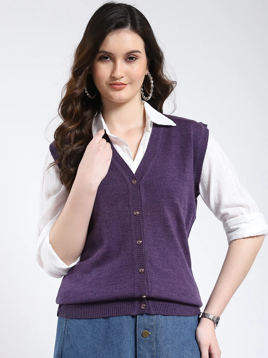 Women Purple Solid V Neck Sleeveless Cardigan
