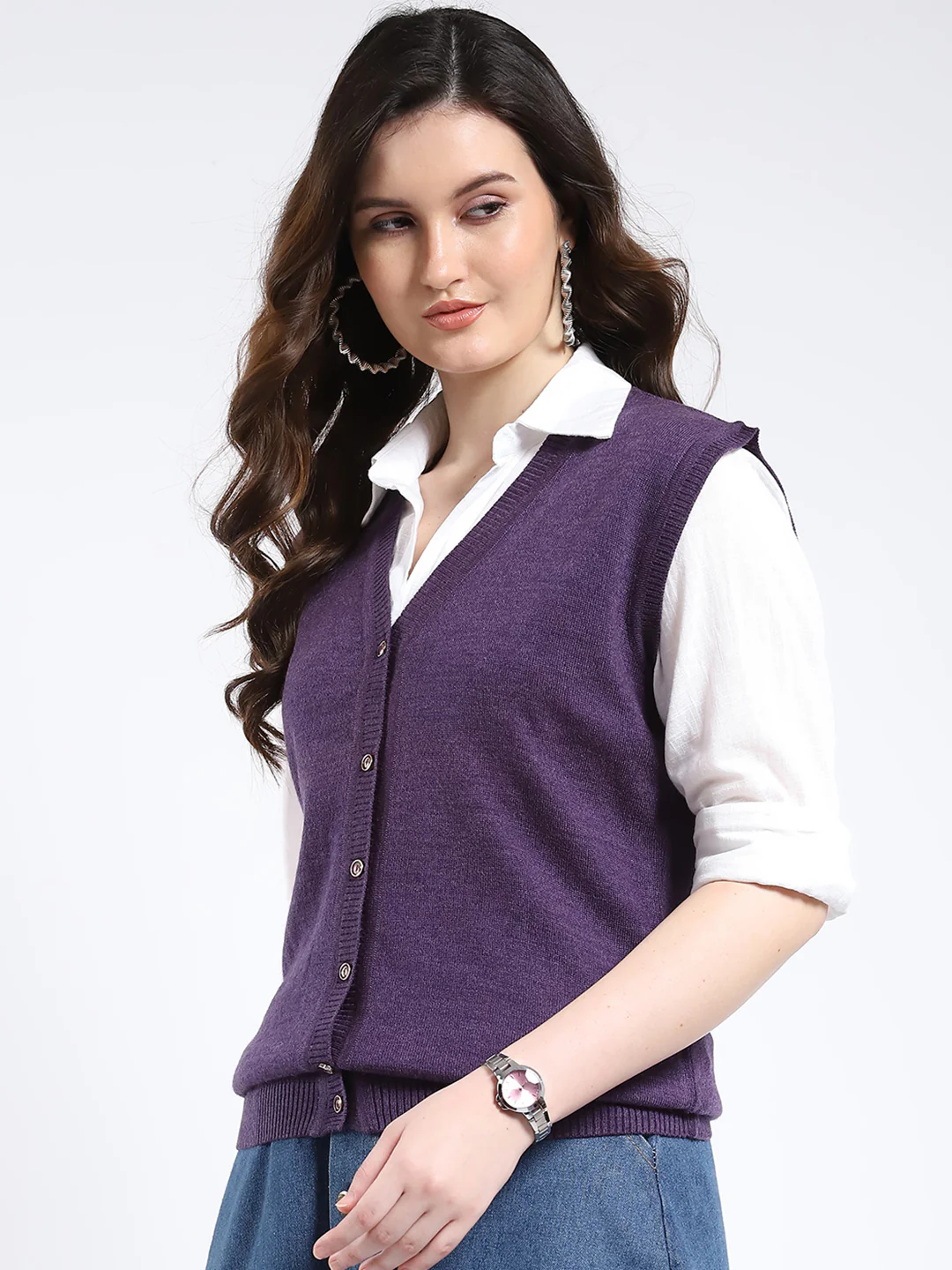 Women Purple Solid V Neck Sleeveless Cardigan - Image 3
