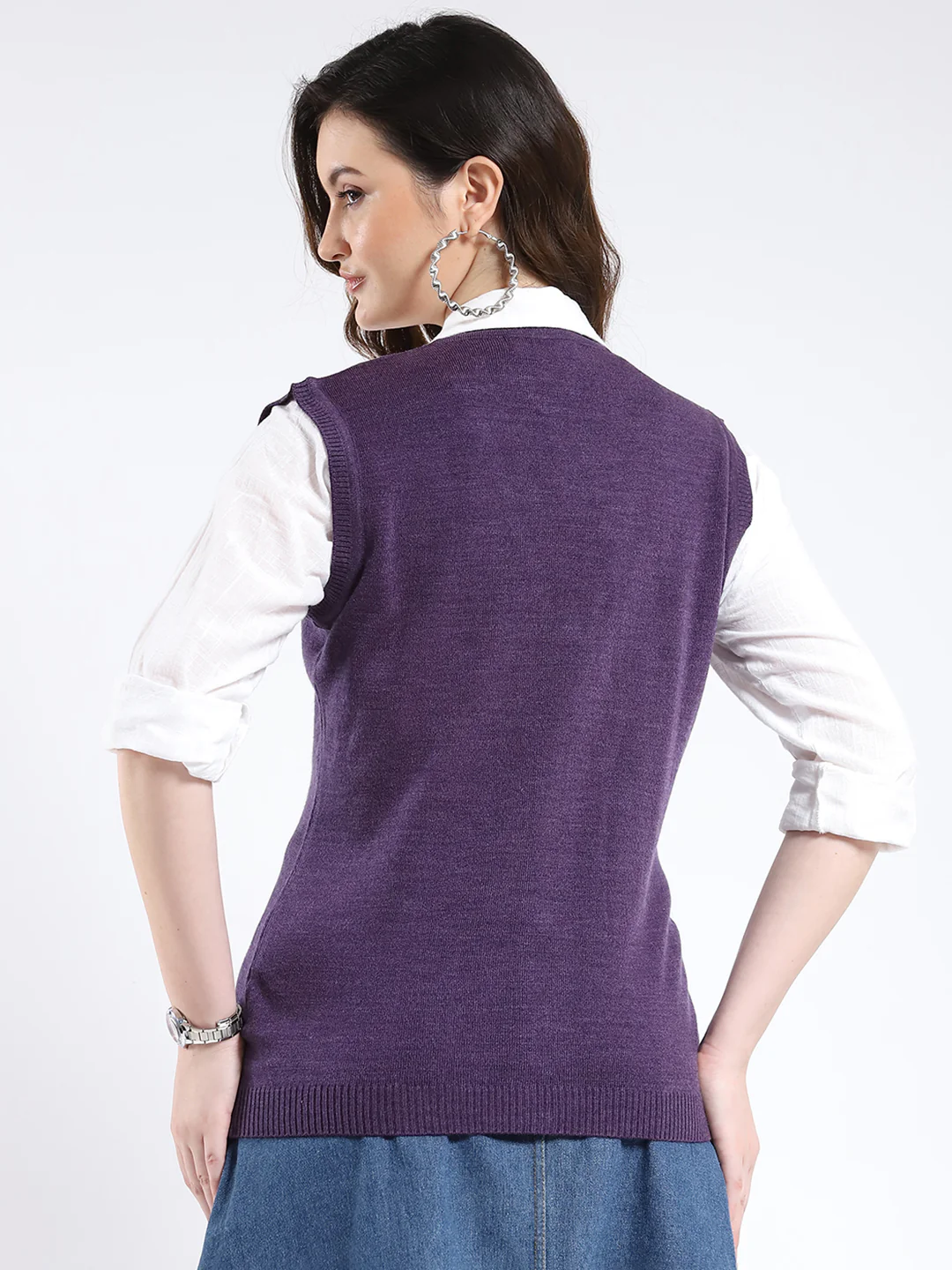 Women Purple Solid V Neck Sleeveless Cardigan - Image 5