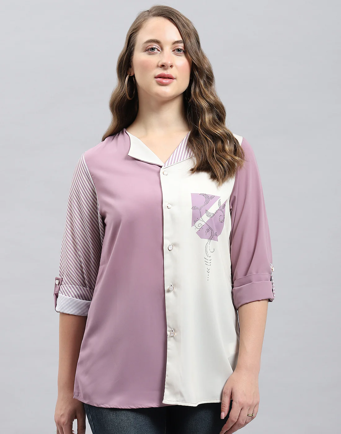 Women Purple Stripe Collar 3/4th Sleeve Top - Image 2