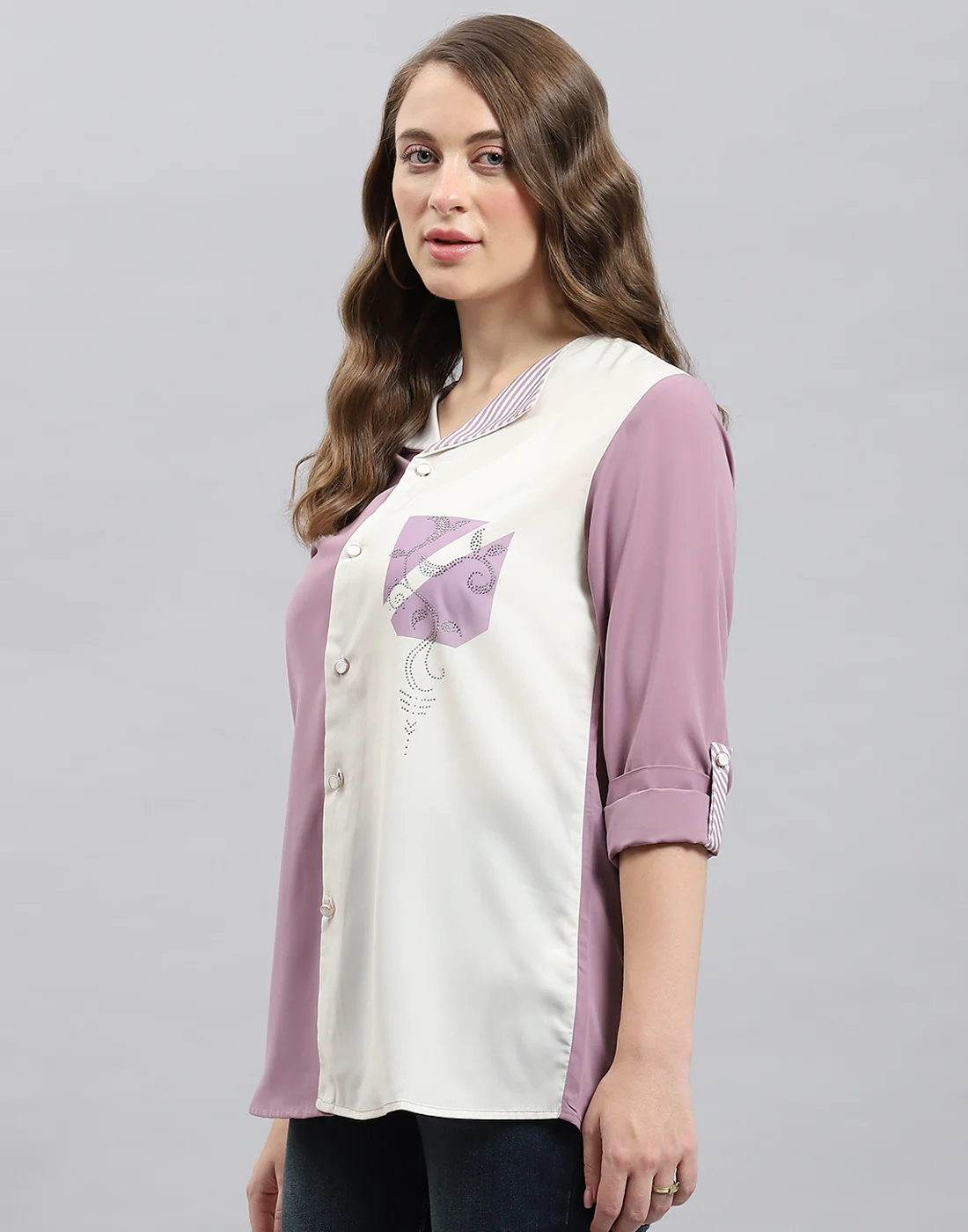 Women Purple Stripe Collar 3/4th Sleeve Top - Image 3