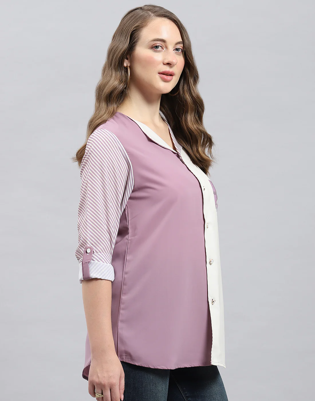Women Purple Stripe Collar 3/4th Sleeve Top - Image 4