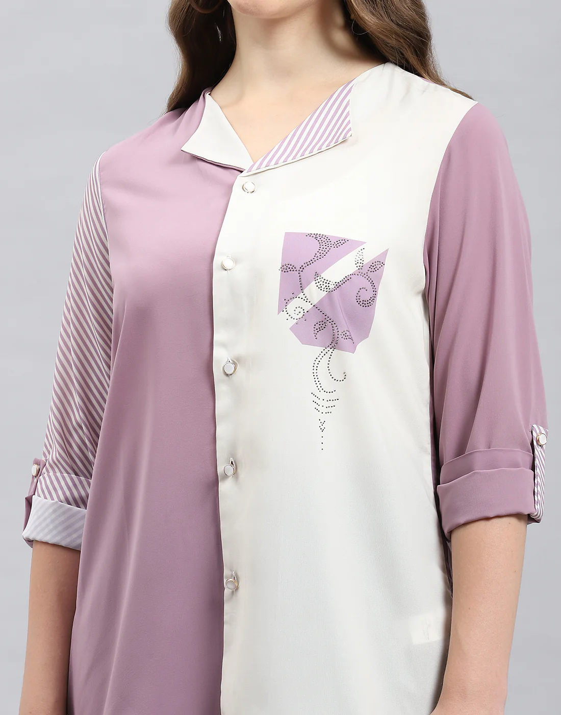 Women Purple Stripe Collar 3/4th Sleeve Top - Image 6