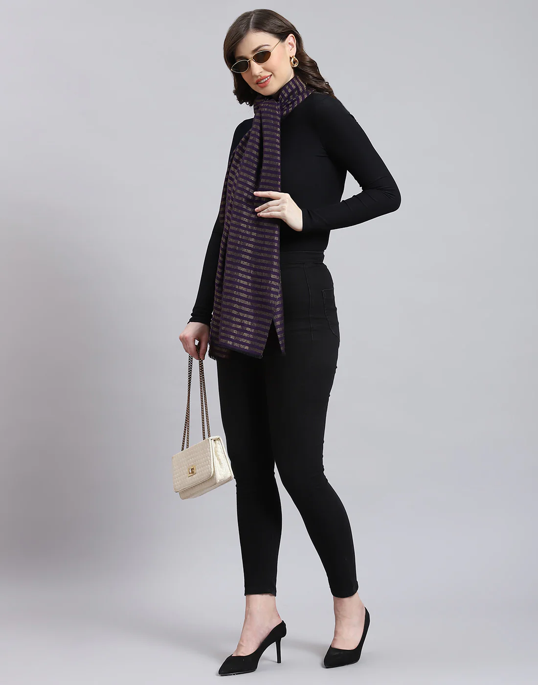 Women Purple Stripe Stole - Image 2