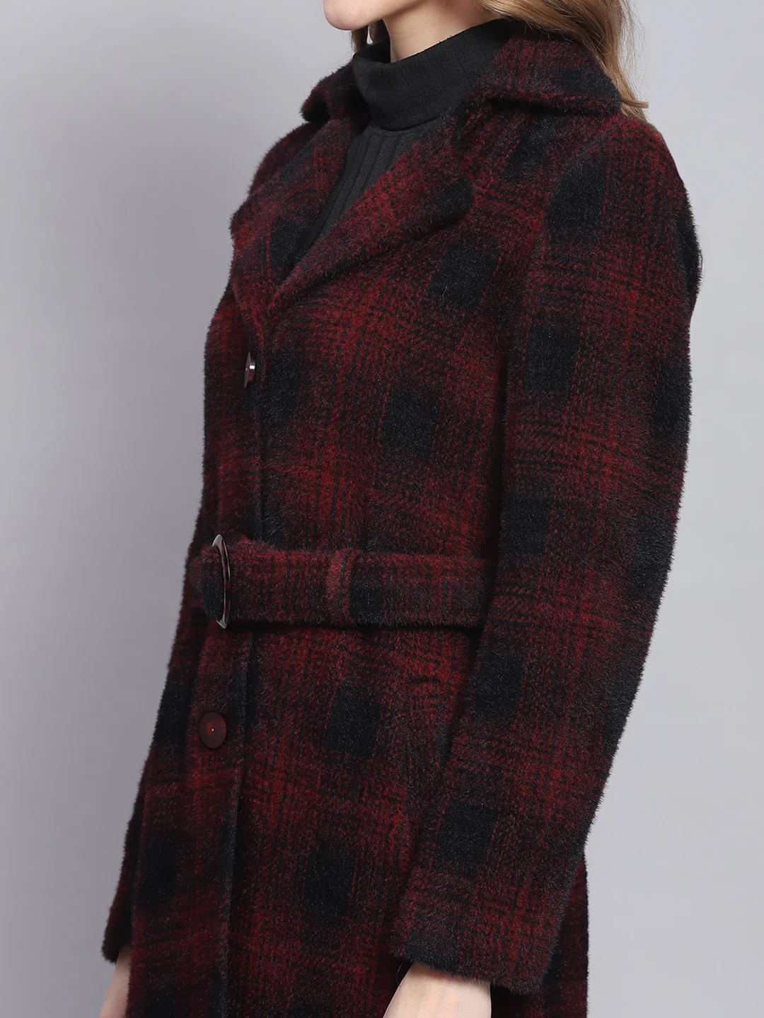 Women Red Check Lapel Collar Full Sleeve Coats - Image 2