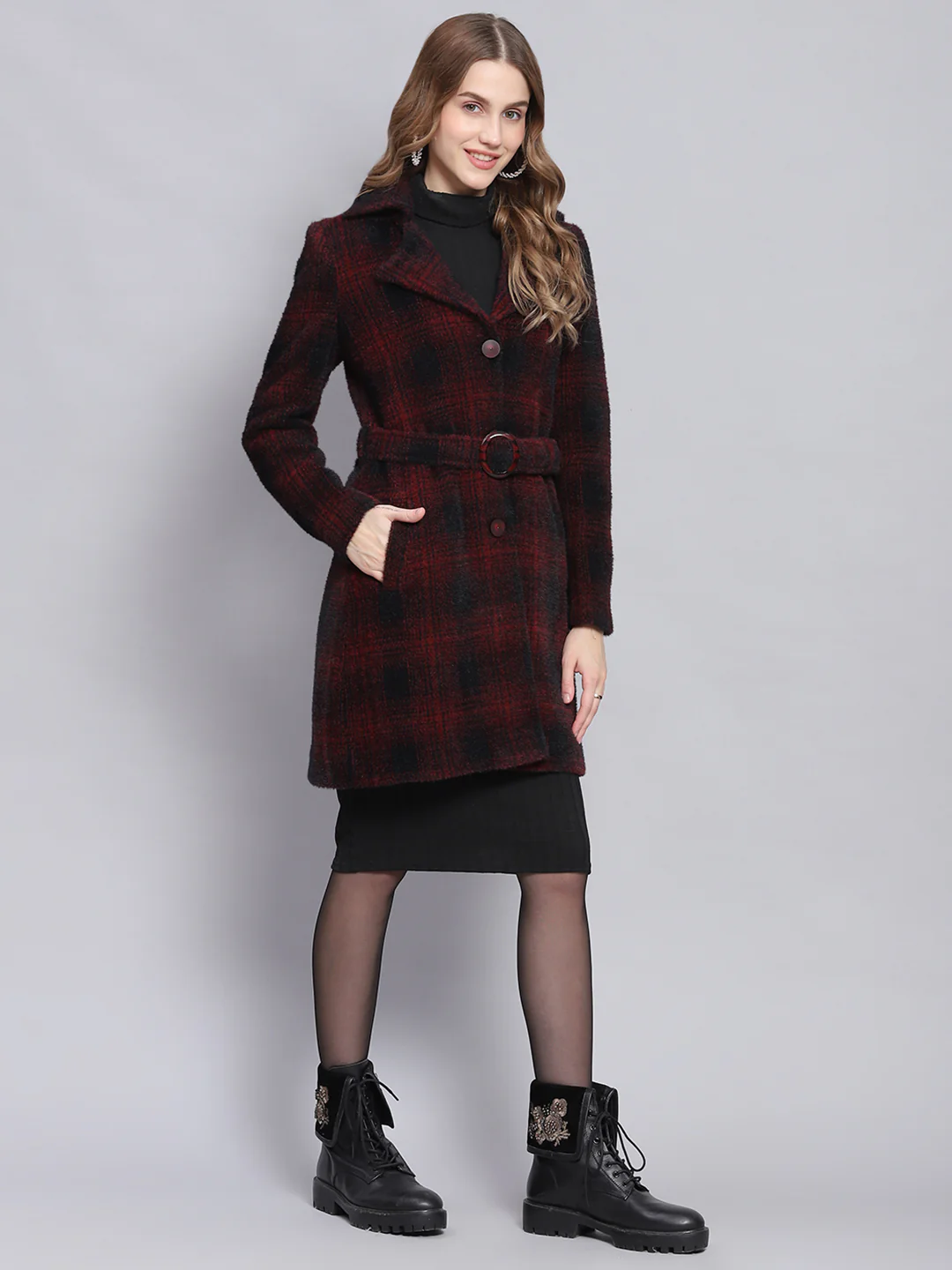 Women Red Check Lapel Collar Full Sleeve Coats - Image 5