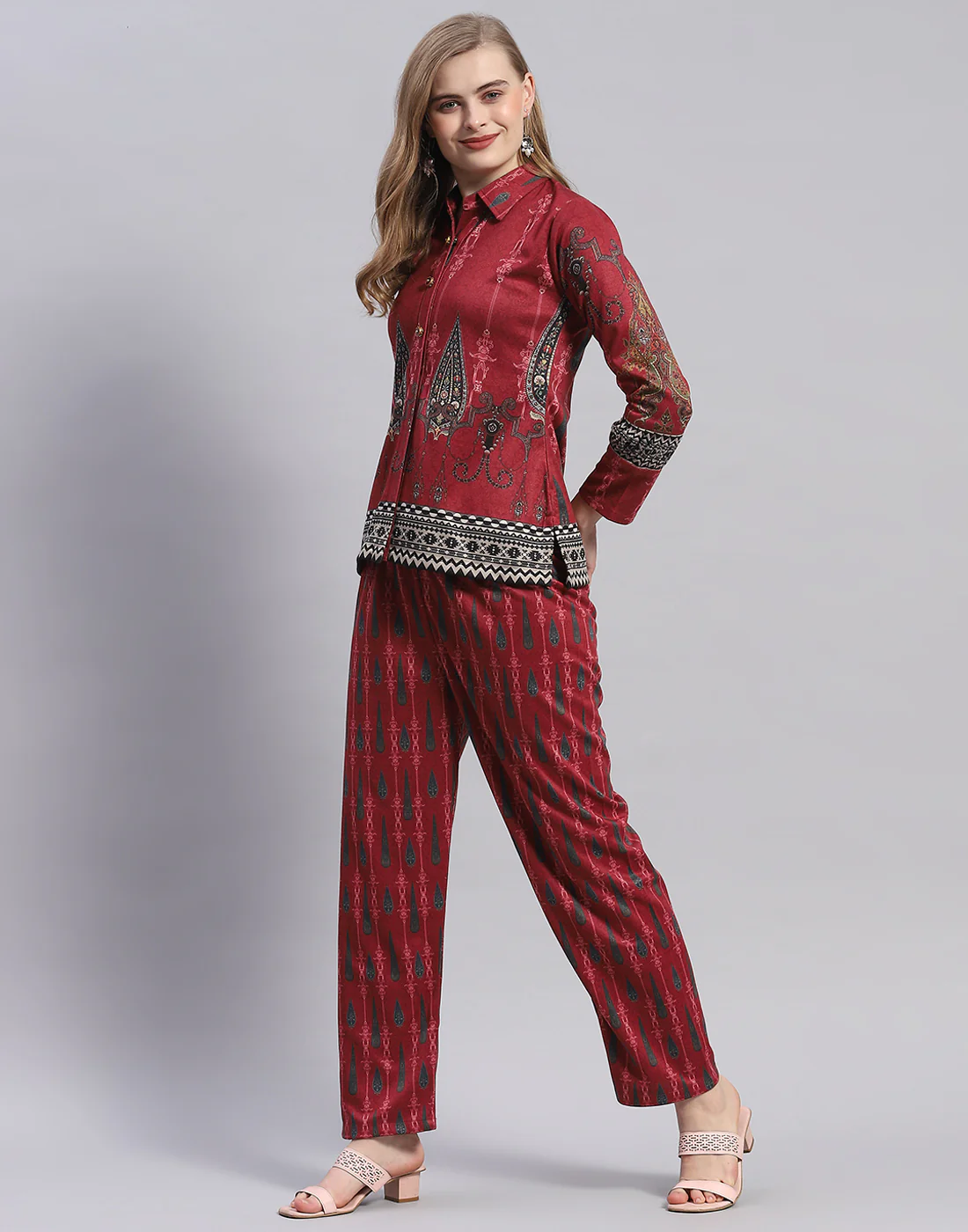 Women Red Embroidered Collar Full Sleeve Cords Set - Image 3