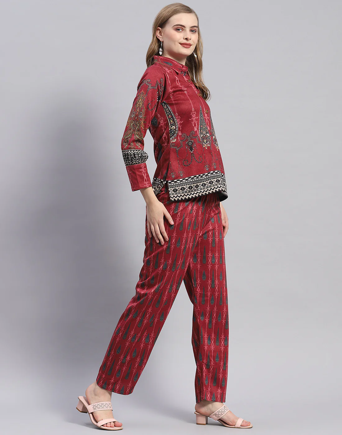 Women Red Embroidered Collar Full Sleeve Cords Set - Image 4