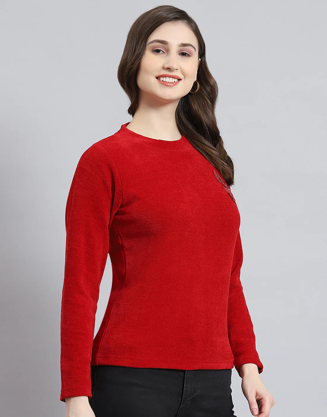 Women Red Embroidered Round Neck Full Sleeve Sweater - Image 5